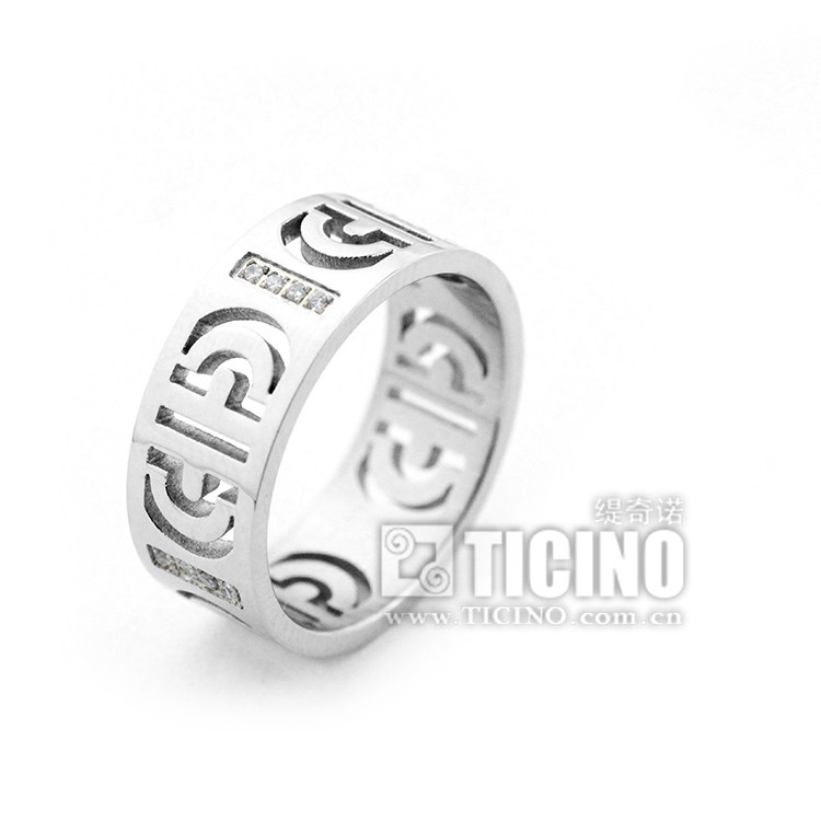 TICINO缇奇诺热销韩版时尚复古镂空个性花纹瑞士精钢镶钻戒指