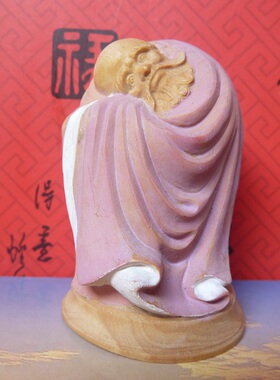 微雕木雕2寸上色黄杨小木雕工艺品摆件手把件 拱手达摩祖师