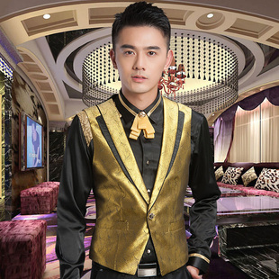 餐厅夜总会荷官少爷长袖 新款 酒吧金色马甲ktv服务员工作服秋冬装
