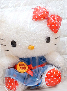 韩国代购Sanrio蓝色裙子圆点Hellokitty玩偶毛绒玩具公仔卷毛娃娃