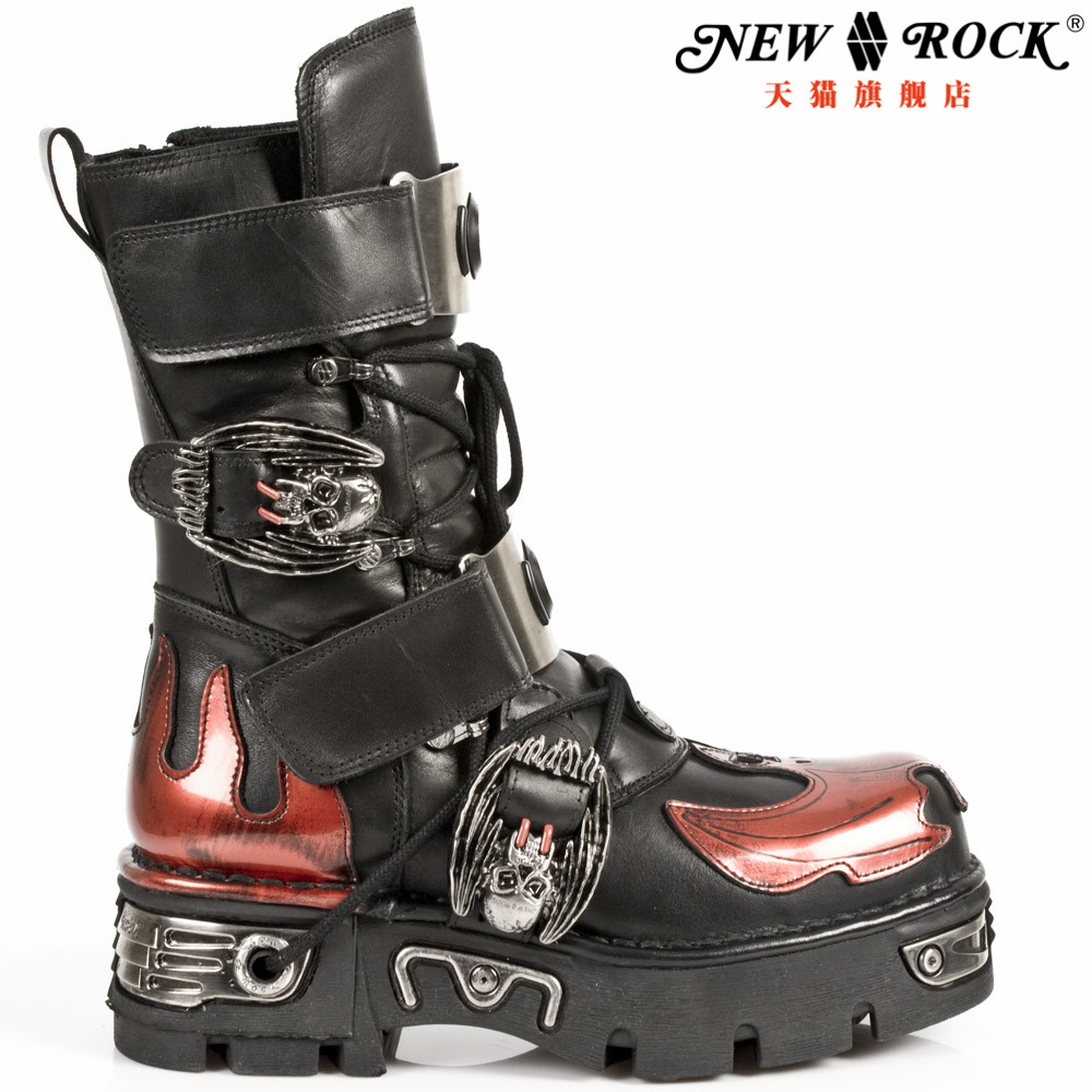 NEWROCK官方正品手工定制朋克金属暗黑火焰蝙蝠扣中筒厚底男女靴在类目 流行男鞋, 靴子中 - 来自Buy2taobao.com提供专业的淘宝代购服务