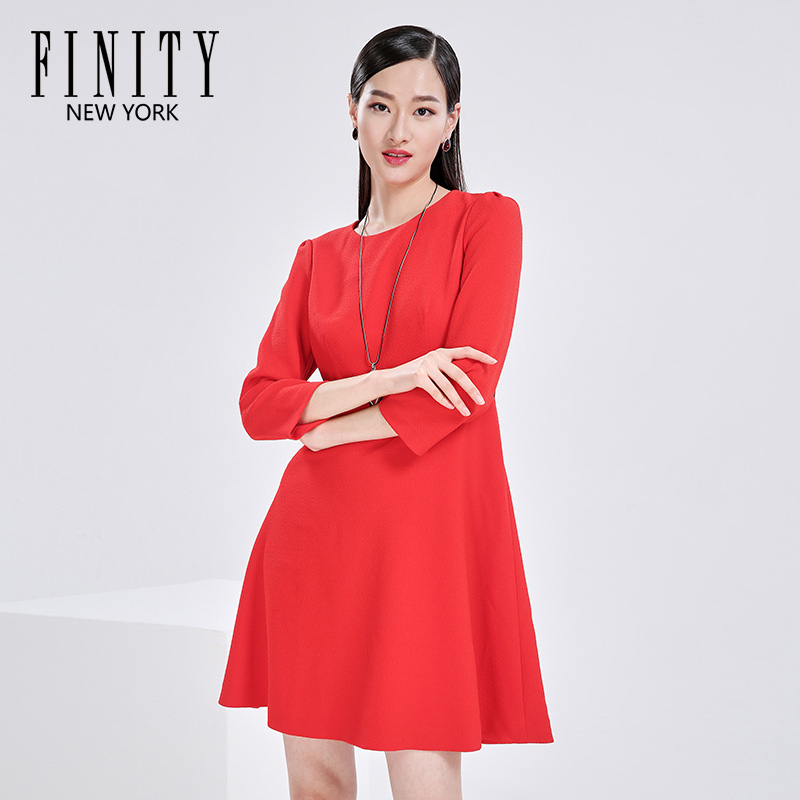 FINITY女装春秋季修身显瘦高腰A字裙 时尚撞色拼接连衣裙