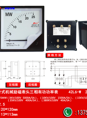 指针式励磁机械表头三相有功功率表42L6-W 25MW