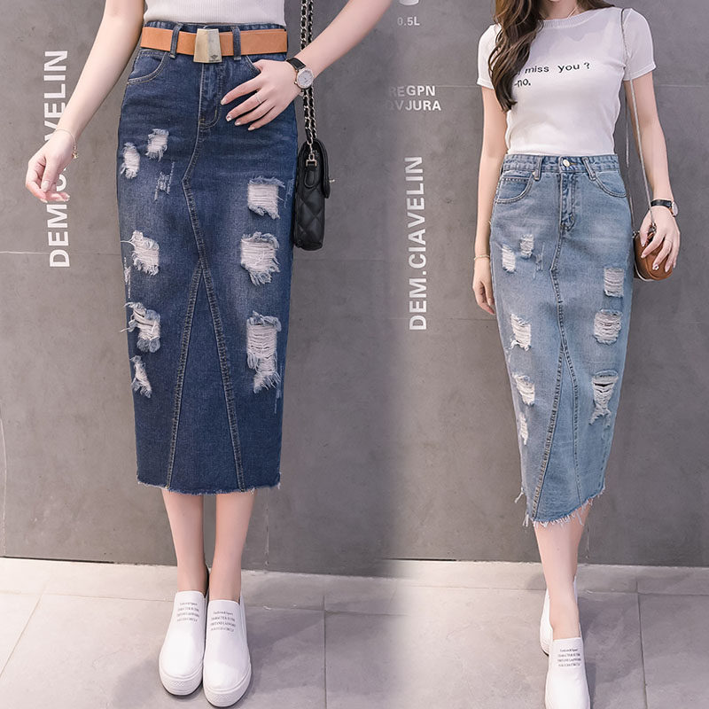 2019 summer cowboy skirt Mid length version Paige Show thin Versatile hole Split ends Package hip longuettein the Women's clothing/Boutique , Skirts  category - from Buy2taobao.com to provide professional Taobao agent buy service
