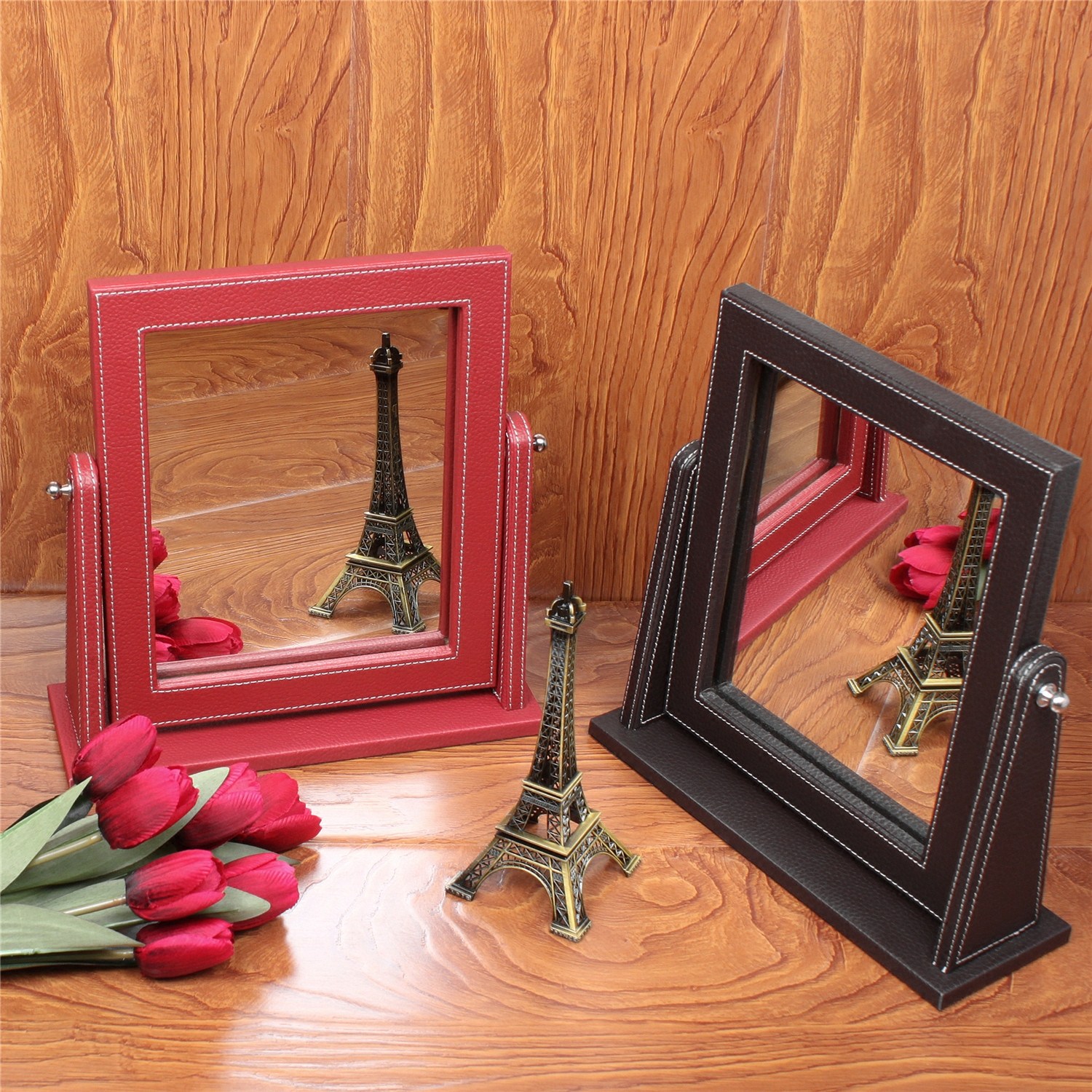 韩国高清化妆间镜子精致PU皮革台式梳妆镜结婚嫁喜庆红色简约大号