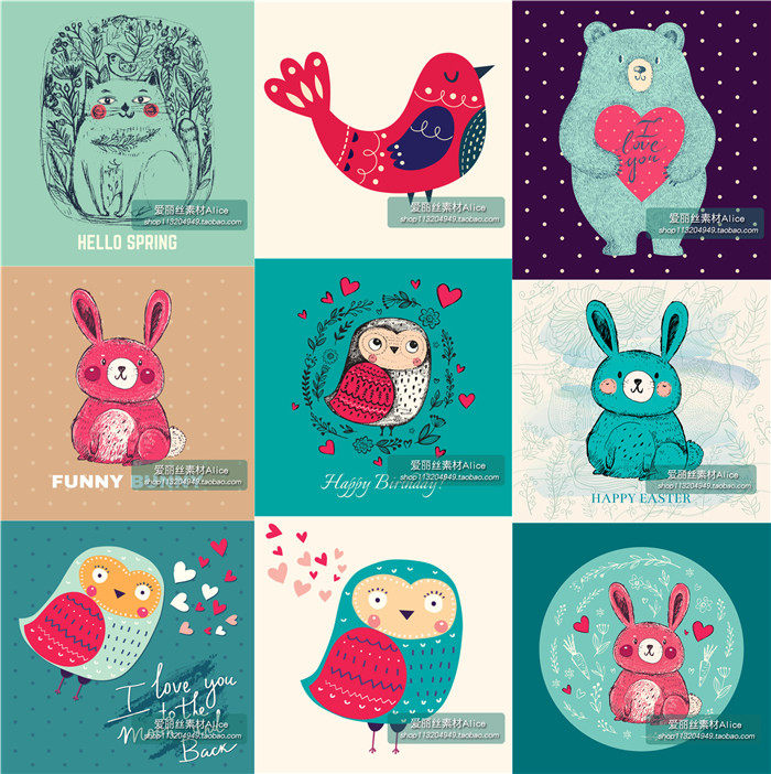 [260]可爱卡通动物插画小熊小鸟兔子 AI矢量设计素材