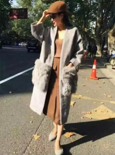 欧货真毛毛装饰口袋宽松九分袖毛呢长款大衣呢子外套夹棉加厚