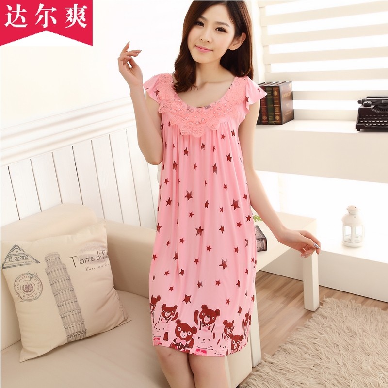 睡裙女款夏季莫代尔短袖圆领中睡裙加大家居服胖人睡衣连体衣薄款