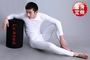 男士白色小圆领紧身内衣套装纯色莱卡秋衣+秋裤 男款保暖打底套装