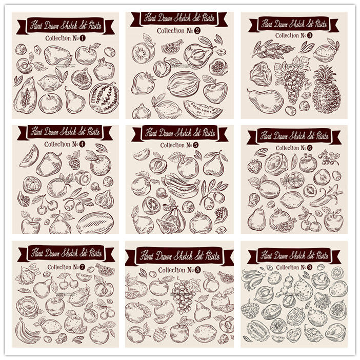 a2798矢量手绘简笔画线稿水果图案菠萝葡萄梨山竹苹果 ai设计素材
