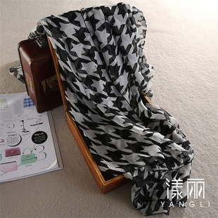 欧美风大千鸟格黑白格子丝巾桑蚕丝围巾大尺寸方巾百搭女士纱巾