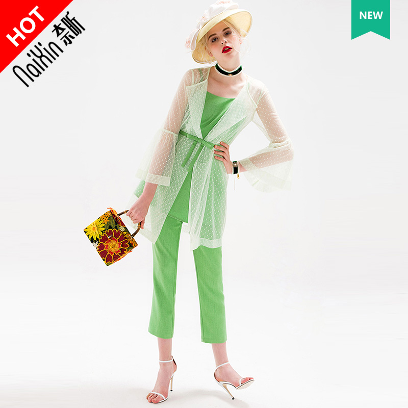 奈昕定制117463 时尚名媛职业范3件套圆点防晒外套纯色七分裤套装