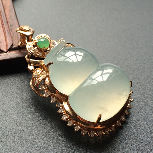 缅甸翡翠A货冰种葫芦18K玫瑰金镶玉镶钻吊坠白金挂坠女款玉坠项链