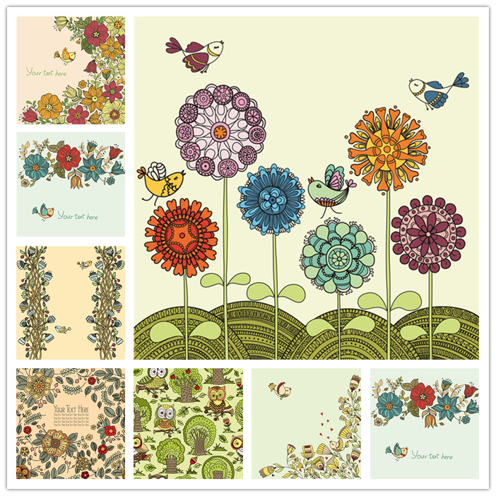 矢量设计素材 可爱手绘卡通花鸟花纹图案背景EPS格式