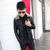 皮衣男士 羊羔毛领修身 韩版 男装 潮流仿皮夹克帅气机车青年短款 外套