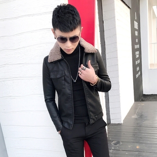 潮流仿皮夹克帅气机车青年短款 男装 韩版 羊羔毛领修身 外套 皮衣男士