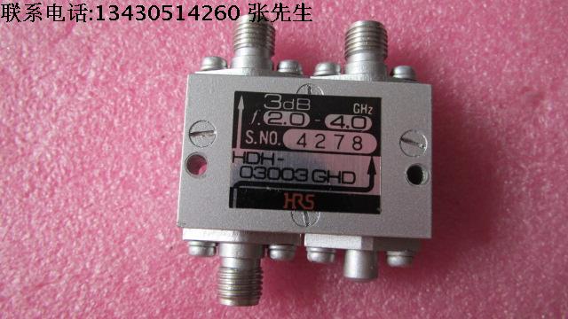 HRS HDH-03003GHD 2-4GHz SMA RF 3dB耦合器 90度电桥 90度功率功分器 型号： HDH-03003GHD 工作频率：2-4GHz  插入损耗(MAX)：0.6dB 最大平均功率：50瓦 耦合度：3dB 接头： SMA母