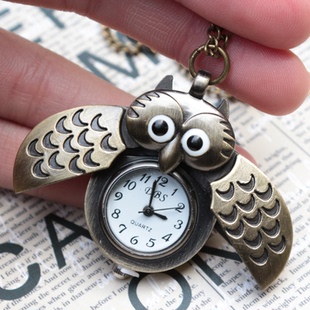 包邮 复古翻盖猫头鹰钥匙扣书包挂件表迷你怀表男女学生手表吊饰