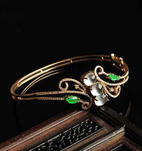 包邮正品天然冰种K金镶翡翠18K黄金手镯贵妃镯A货女款金镯玉镯子