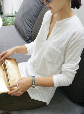 k483好品质韩国竹节纯棉半开领长袖宽松简约女t恤四季打底