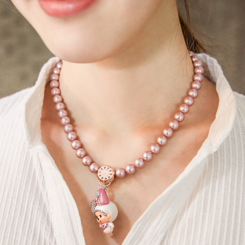 生日礼物2016正品萌趣趣8mm粉蔷薇水晶珍珠项链锁骨链特别蒙奇奇