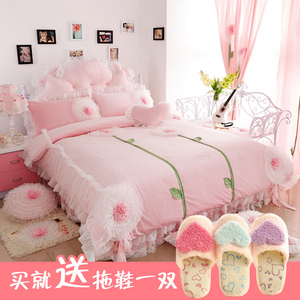韩版冬季加厚天鹅绒法兰绒公主四件套床品韩式婚庆床裙式珊瑚绒