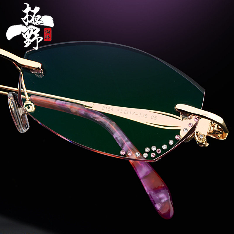 钻石切边眼镜镶钻女款纯钛无框近视眼镜框 配成品近视眼镜架t8154