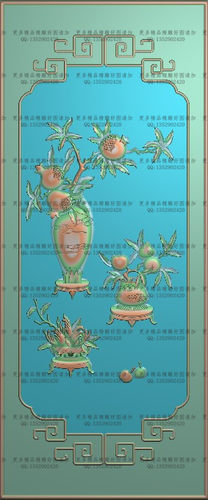 高清精雕图灰度图浮雕图电脑雕刻图精品石榴花瓶门板318x756特价