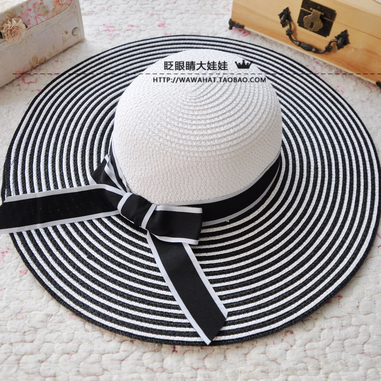 小香风黑白条纹蝴蝶结防晒帽子
