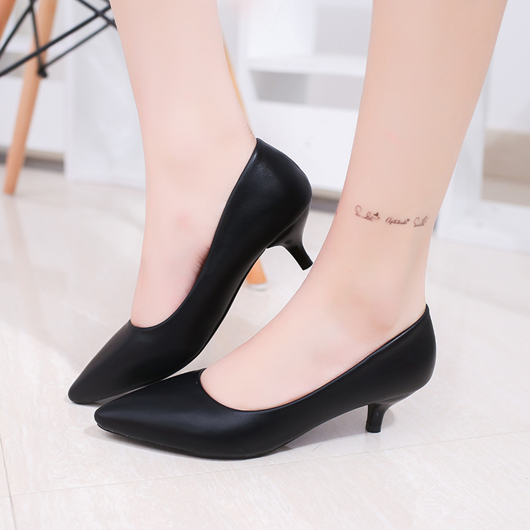 细跟浅口3-5cm工作黑色上班高跟鞋少女职业面试单鞋软皮韩版尖头