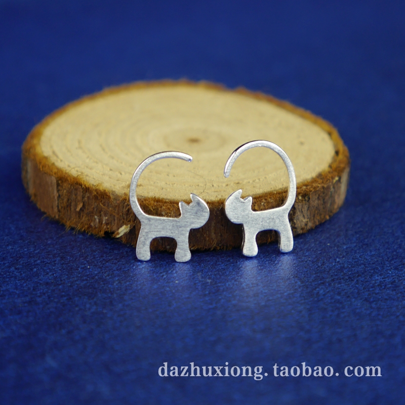 925纯银耳环 平面猫咪耳环 穿刺耳挂耳刺耳圈防过敏卡通简约可爱