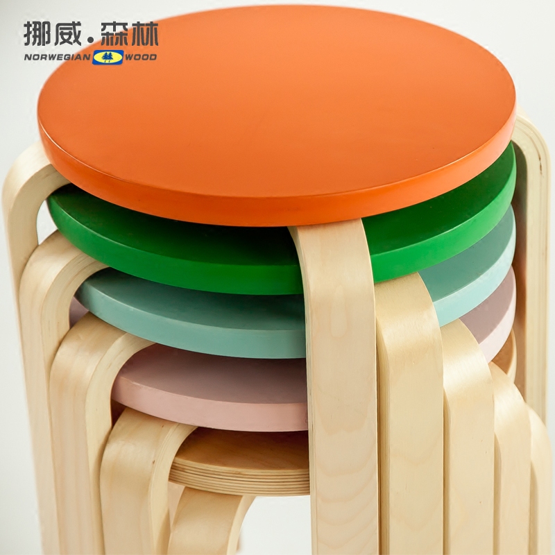 欧实木圆北凳彩色木凳餐桌凳高木板凳休闲曲凳家用528可叠放折叠