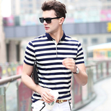 807男士夏季短袖t恤男装青年粗条纹体恤翻领POLO衫P65藏青，男装Polo衫，星座1615