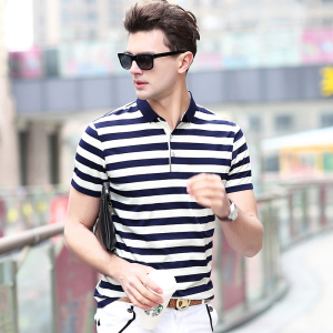 807 男士夏季短袖t恤 男装青年粗条纹体恤翻领POLO衫P65 藏青,男装Polo衫,星座1615