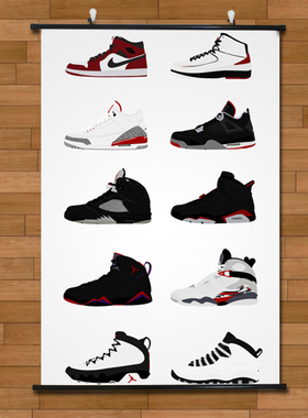 篮球传奇NBA球星乔丹战靴列表海报挂轴画有框画酒吧卧室装饰画