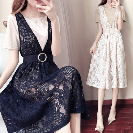 2017夏季新款韩版两件套时尚收腰中长裙显瘦雪纺蕾丝连衣裙套装