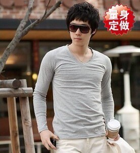 韩版男士灰色镶边V领长袖T恤休闲打底衫 时尚修身鸡心领长袖t恤　