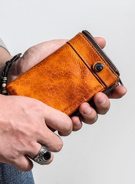 钱包男短款真皮银包钱夹学生复古做旧拉链零钱包竖款牛皮男士皮夹