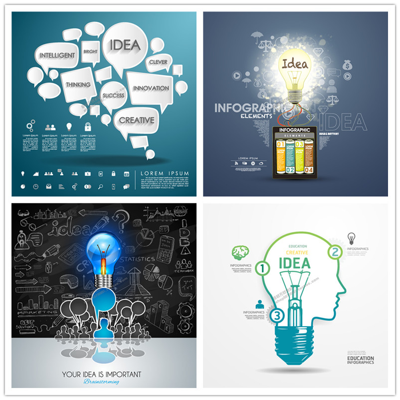 A1154矢量扁平化信息图电灯想法手绘图标icons AI设计素材