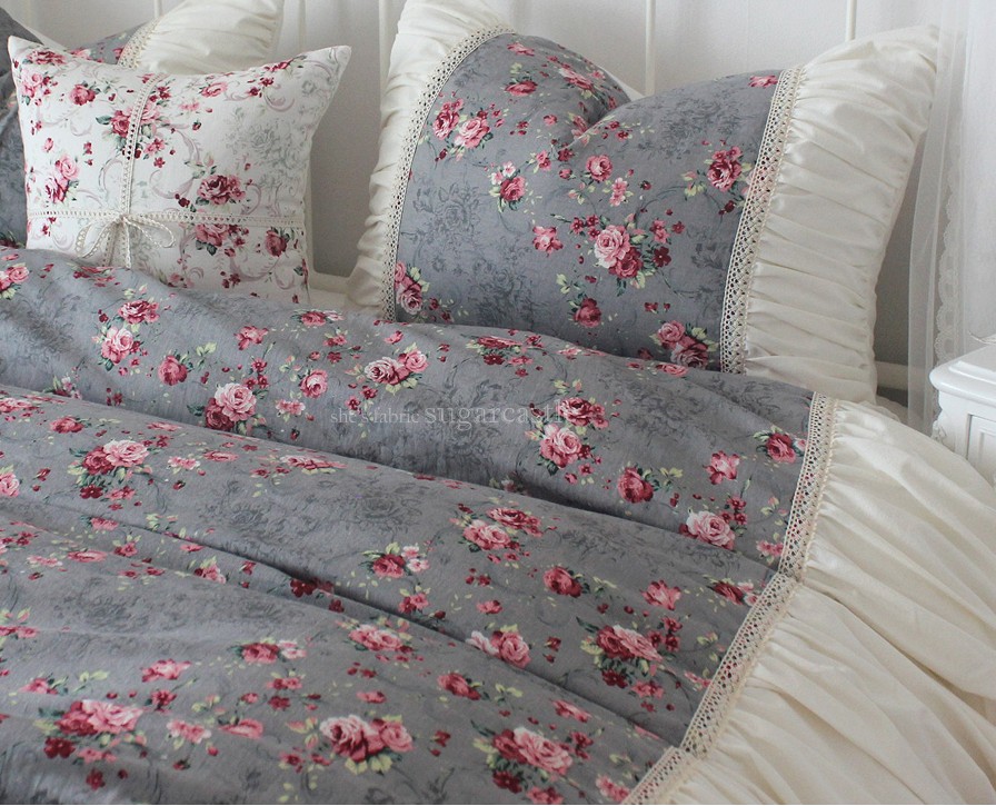 韩国进口复古玫瑰花朵立体钢琴褶皱美式田园浪漫床品四件套