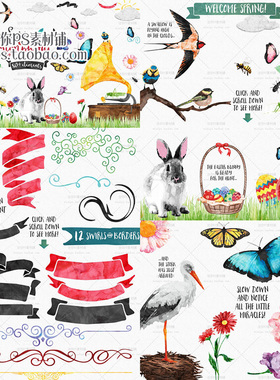 169春天蜜蜂兔鸟小花丝带横幅相框白云手绘水彩PNG免抠设计PS素材