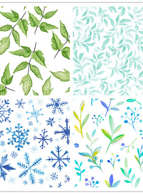 A0684矢量清新水彩绿色树叶雪花四方连续图 AI设计素材