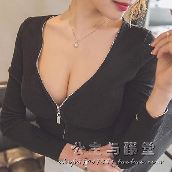藤堂家，性感时尚夜店V领低胸长袖t恤拉链修身百搭打底衫大码女装
