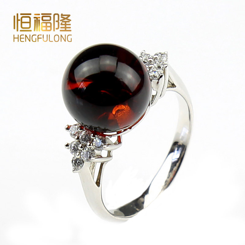 恒福隆天然血珀戒指女成品酒红色琥珀圆球珠镶嵌纯银戒拖简约指环