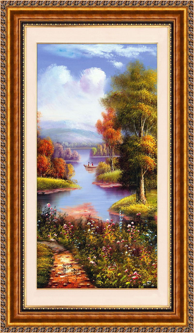 756海报印制展板写真喷绘712油画蓝天白云树森林小溪竖版装饰画