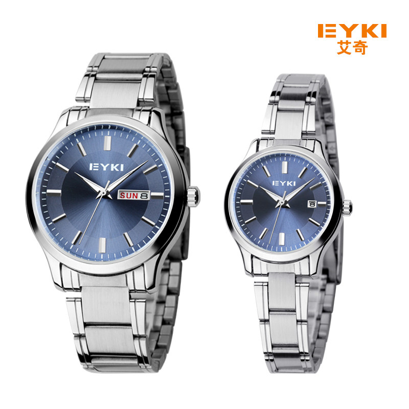 包邮正品eyki艾奇8598商务休闲男女双日历情侣时装钢链表对表