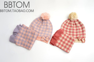 原单冬款宝宝帽子围巾两件套女童针织帽女孩格子毛线帽套头保暖帽