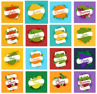 矢量设计素材 欧美复古水果标签果汁店海报LOGO苹果樱桃橙子EPS
