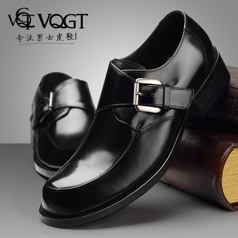 VQGT英伦圆头男鞋真皮大头皮鞋搭扣商务正装鞋男士牛皮鞋厚底透气