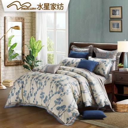 水星家纺 纯棉四件套 全棉斜纹印花四件套 蓝莓时光床单被套床品
